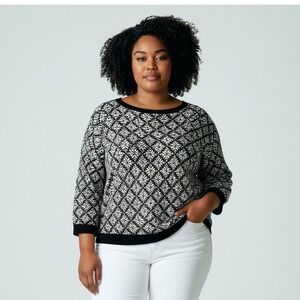 Lands End 3X Black White Sweater Geometric Print Crew Neck 3/4 Sleeve Cotton Top